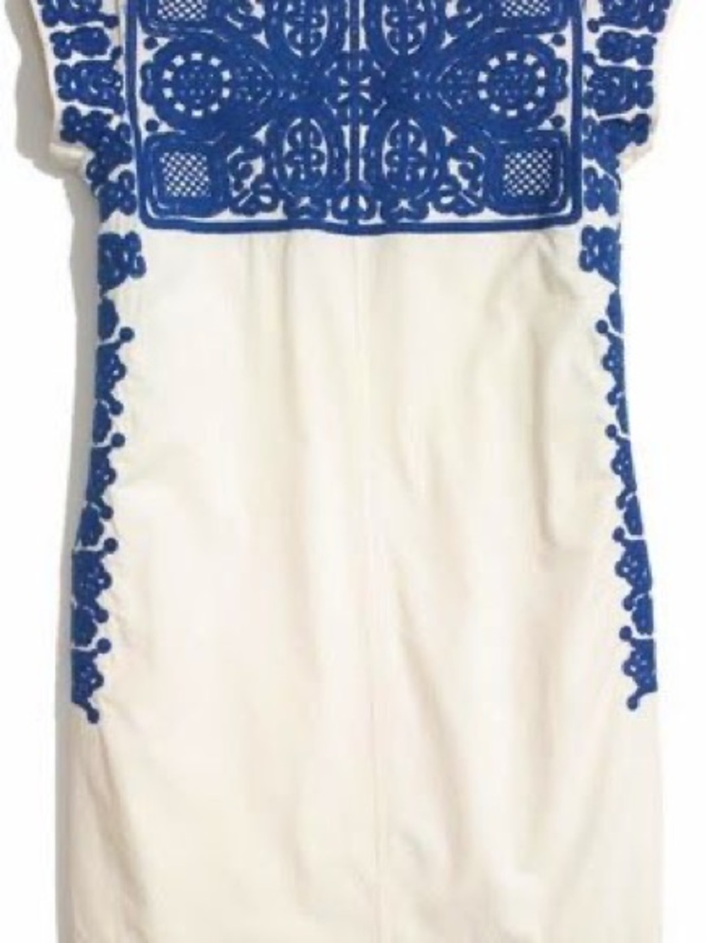 Madewell Embroidered White Shift Dress with Cobalt Blue Detail